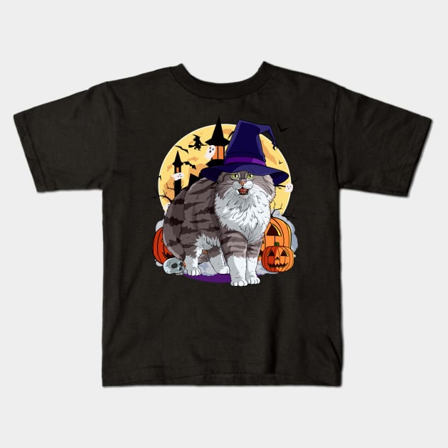 Norwegian Forest Cat Funny Halloween Witch Pumpkin Kids T-Shirt by Noseking